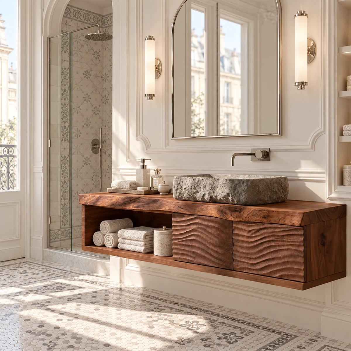 Wall hung bathroom vanity in natural solid wood with open shelving and 2 doors