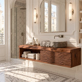 Wall hung bathroom vanity in natural solid wood with open shelving and 2 doors