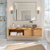 Refined sink cabinet in natural solid wood with floating design and two doors