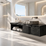 Open shelf bathroom vanity in natural solid wood with vessel sink and 2 doors