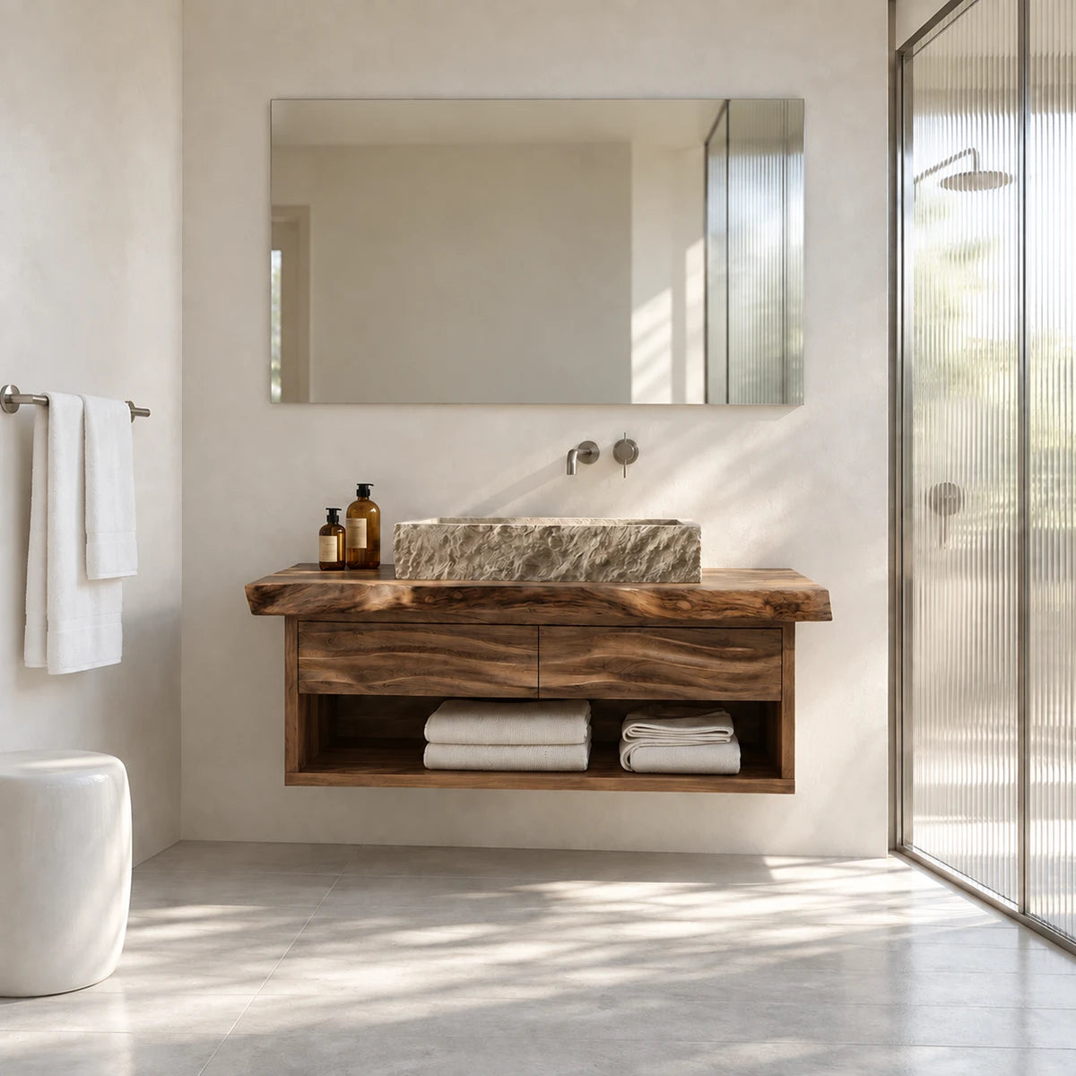 Space saving vanity unit in natural solid wood with drawer storage and open towel shelf