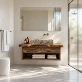 Space saving vanity unit in natural solid wood with drawer storage and open towel shelf