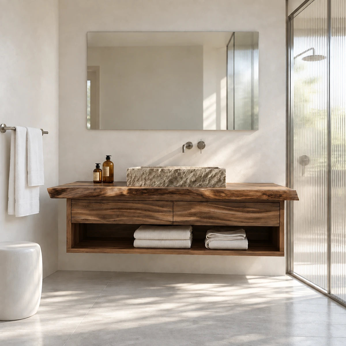 Clean lined bathroom vanity in natural solid wood with vessel basin and lower shelf
