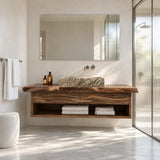 Clean lined bathroom vanity in natural solid wood with vessel basin and lower shelf