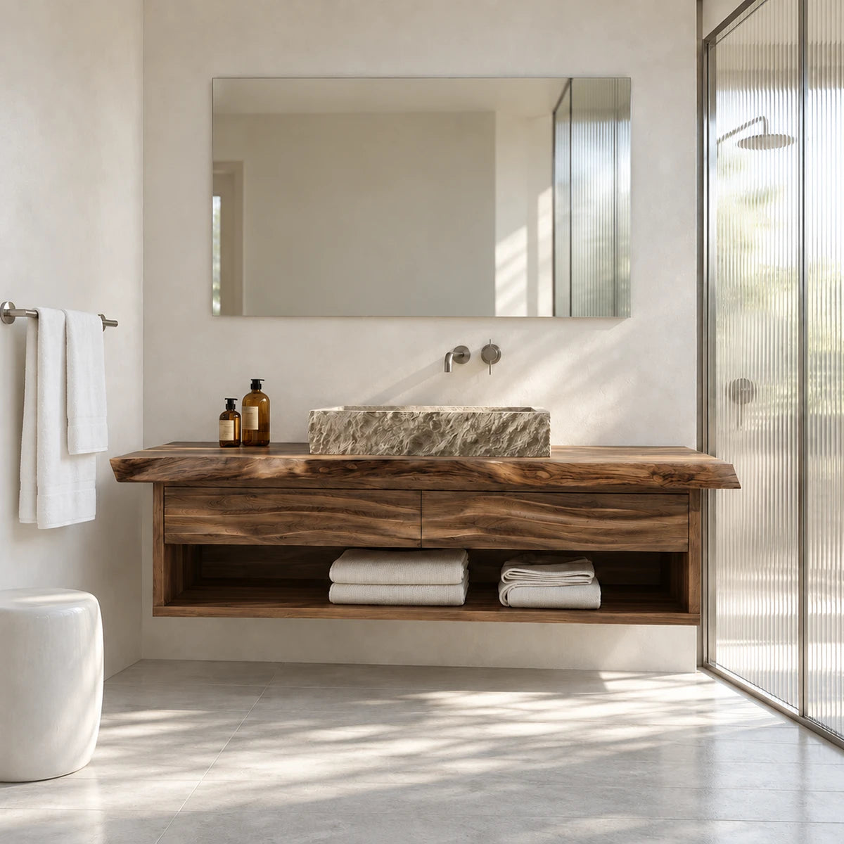 Modern washstand vanity in natural solid wood with floating cabinet and open storage