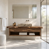 Modern washstand vanity in natural solid wood with floating cabinet and open storage