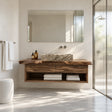 Floating bathroom vanity in natural solid wood with vessel sink and open towel shelf