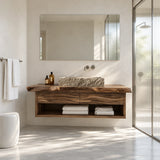 Floating bathroom vanity in natural solid wood with vessel sink and open towel shelf