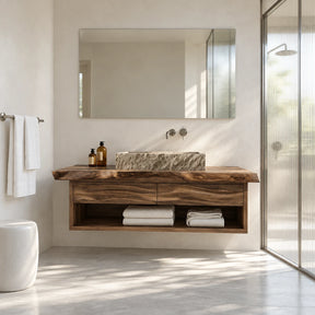 Floating bathroom vanity in natural solid wood with vessel sink and open towel shelf