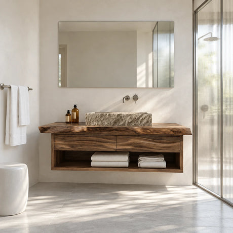 Floating bathroom vanity in natural solid wood with vessel sink and open towel shelf