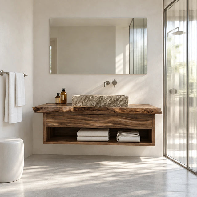 Floating bathroom vanity in natural solid wood with vessel sink and open towel shelf