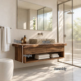 Designer bathroom vanity in natural solid wood with stone basin and floating profile