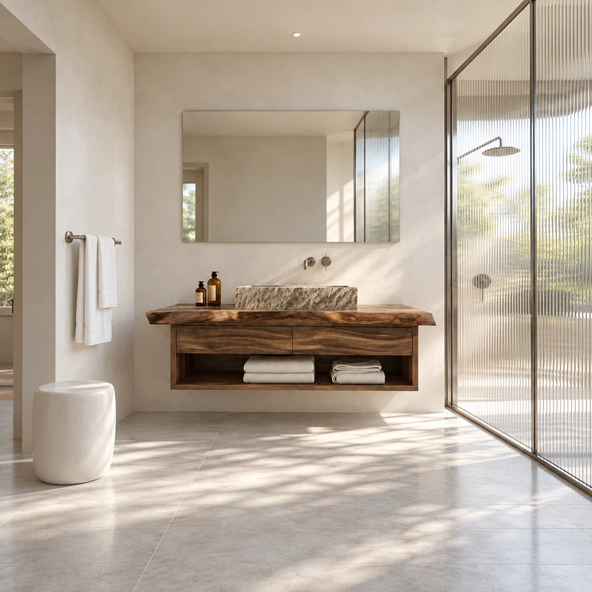 Modern wall mounted vanity in natural solid wood with two drawers and open shelf storage