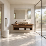 Modern wall mounted vanity in natural solid wood with two drawers and open shelf storage