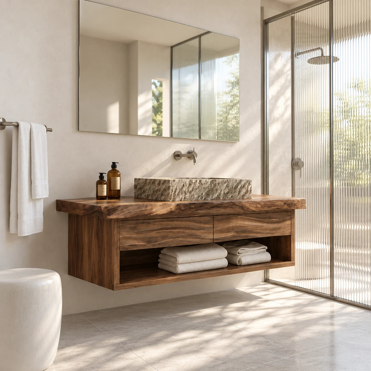 Single sink bathroom vanity in natural solid wood with floating frame and towel storage