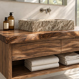 Minimalist bath vanity in natural solid wood with vessel basin and open lower shelf
