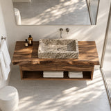 Contemporary bathroom vanity in natural solid wood with two drawers and stone basin