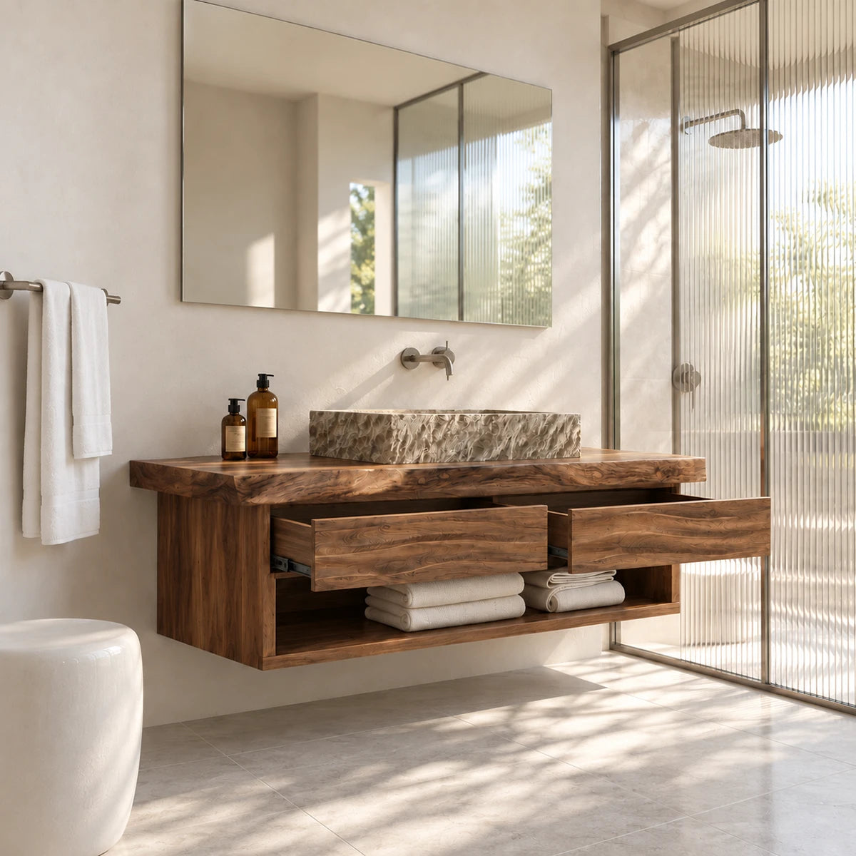 Elegant floating vanity in natural solid wood with open shelf and concealed storage