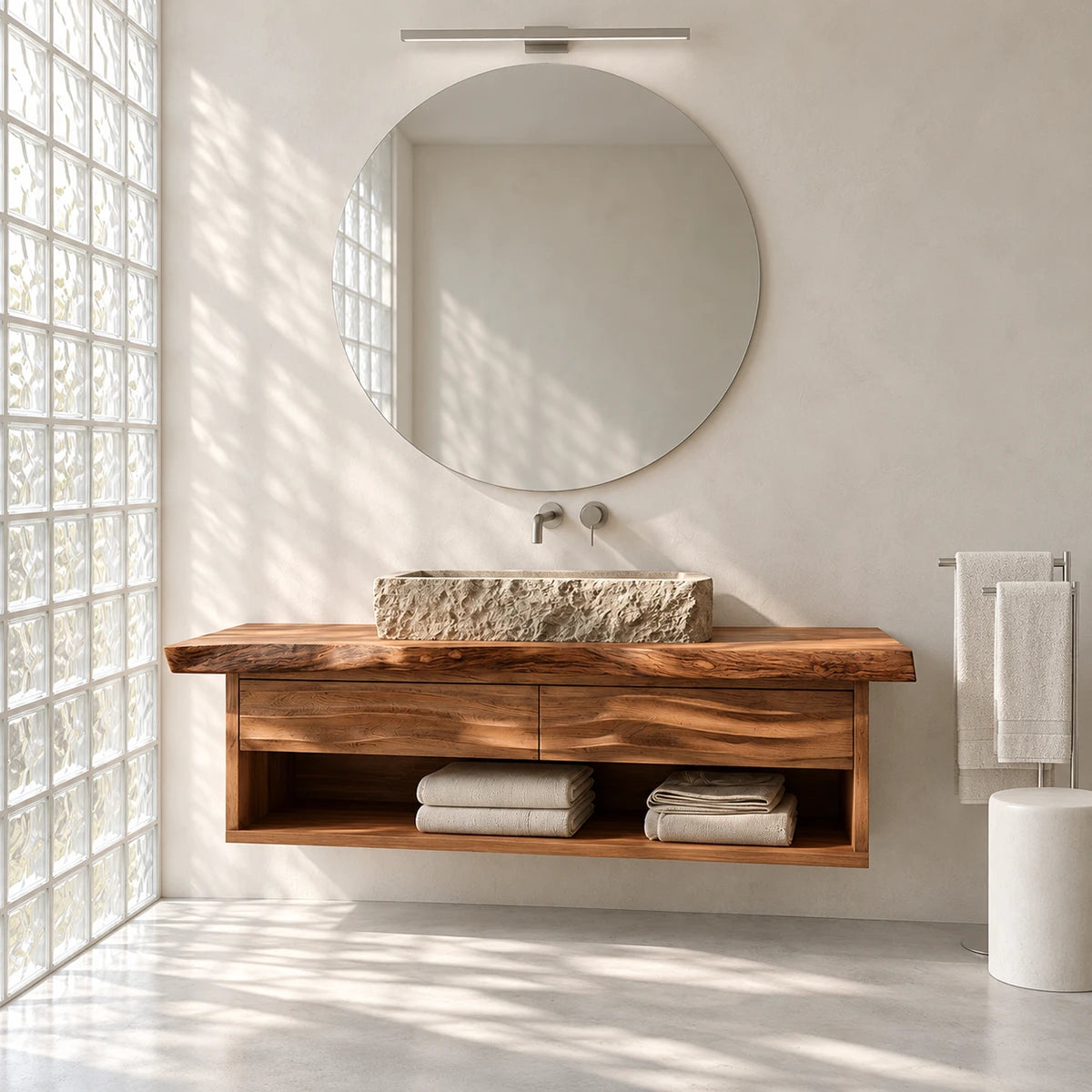 Wall hung bathroom vanity in natural solid wood with vessel sink and towel shelf below