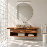 Wall hung bathroom vanity in natural solid wood with vessel sink and towel shelf below