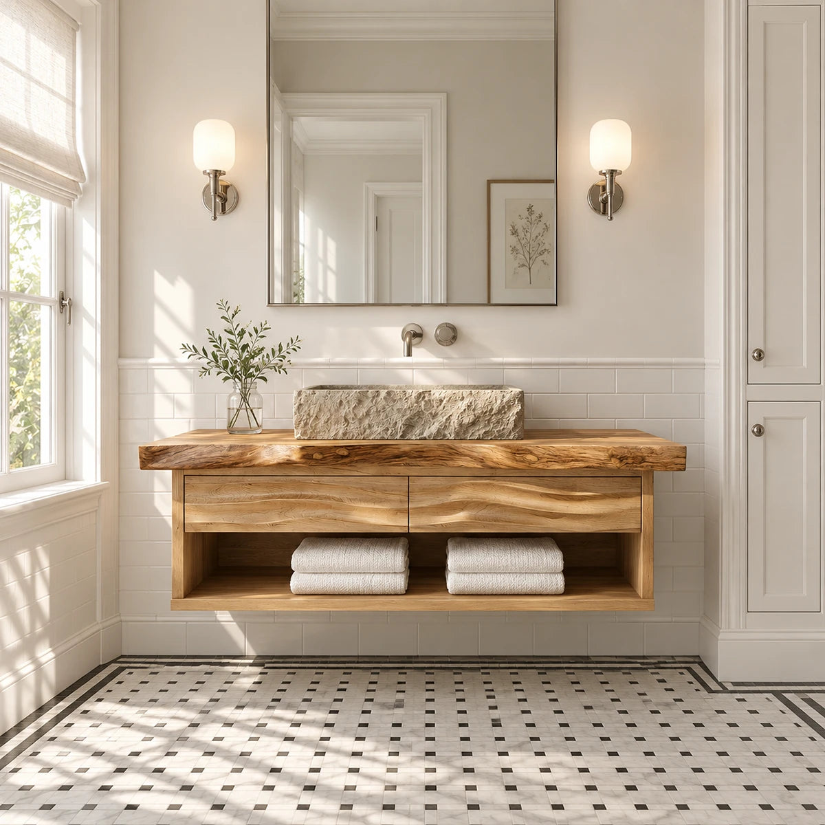 Refined sink cabinet in natural solid wood with floating design and open shelf storage