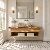 Refined sink cabinet in natural solid wood with floating design and open shelf storage