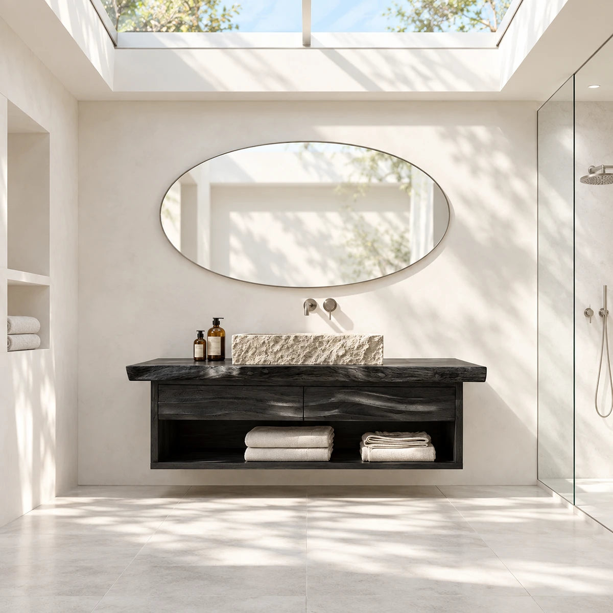 Open shelf bathroom vanity in natural solid wood with vessel sink and two wide drawers