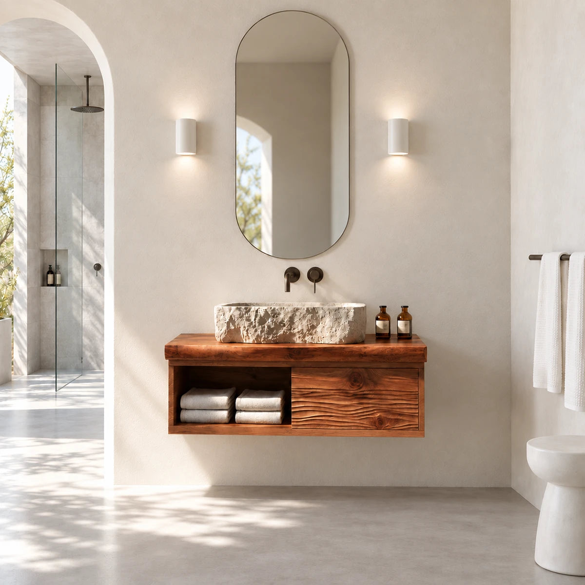 Space saving vanity unit in natural solid wood with drawer front and open shelf below