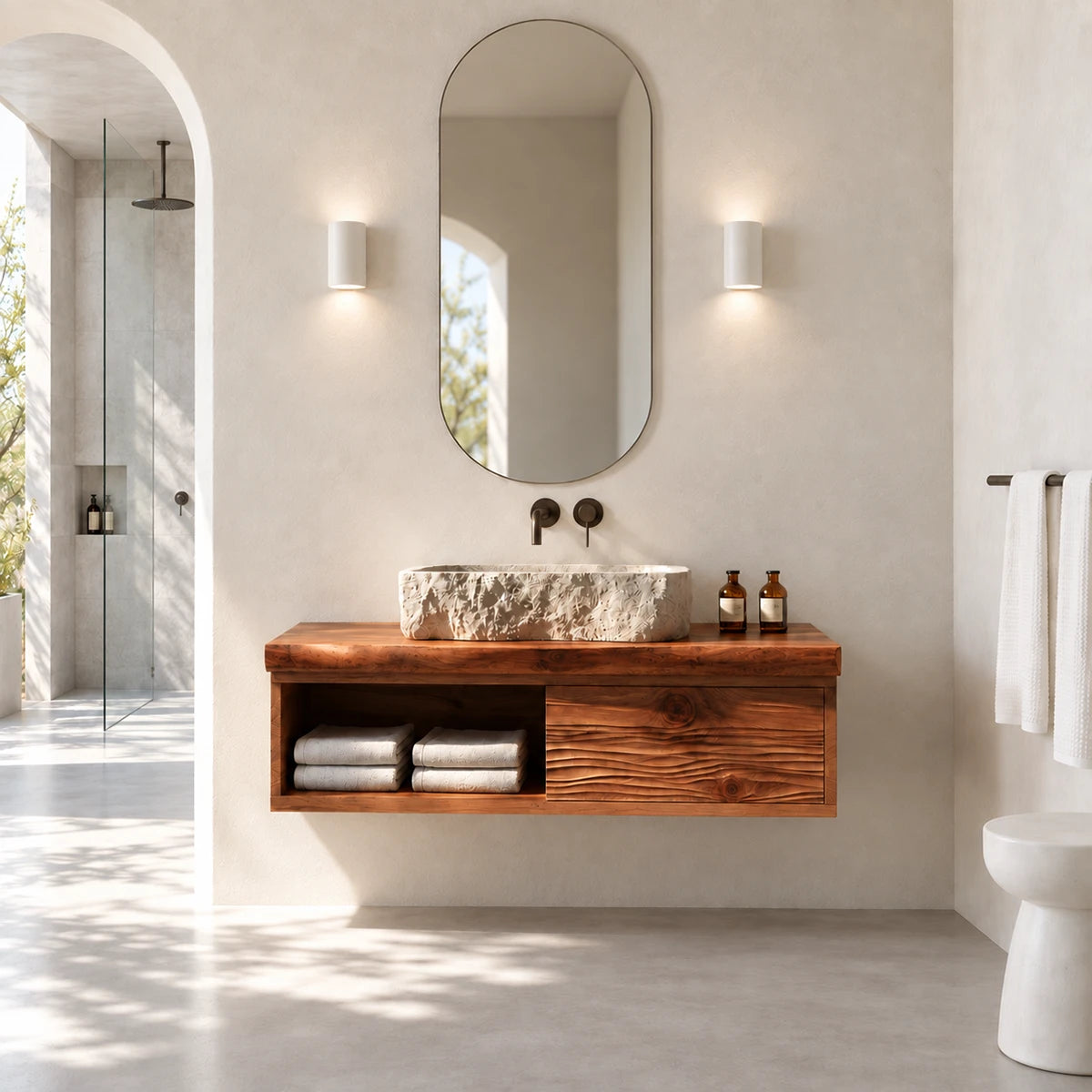Designer bathroom vanity in natural solid wood with floating base and stone vessel sink