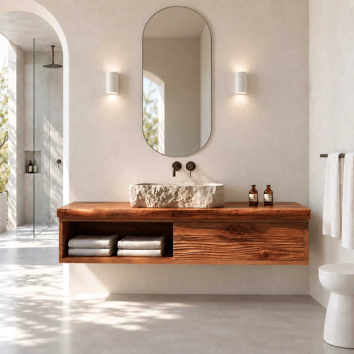 Clean lined bathroom vanity in natural solid wood with open shelf and drawer storage