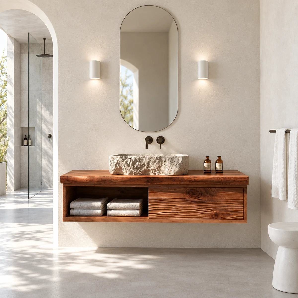 Floating bathroom vanity in natural solid wood with vessel sink and open towel shelf