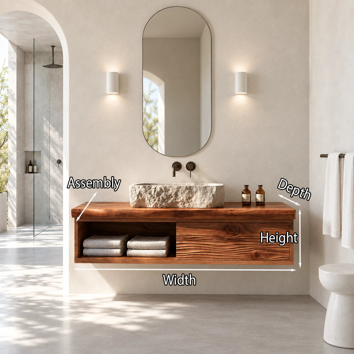 Modern powder room vanity in natural solid wood with vessel basin and open shelving