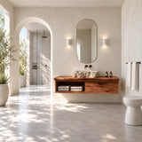 Modern wall mounted vanity in natural solid wood with one drawer and open shelf storage