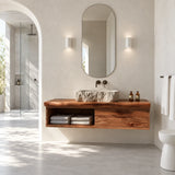 Single sink bathroom vanity in natural solid wood with floating frame and open cubby