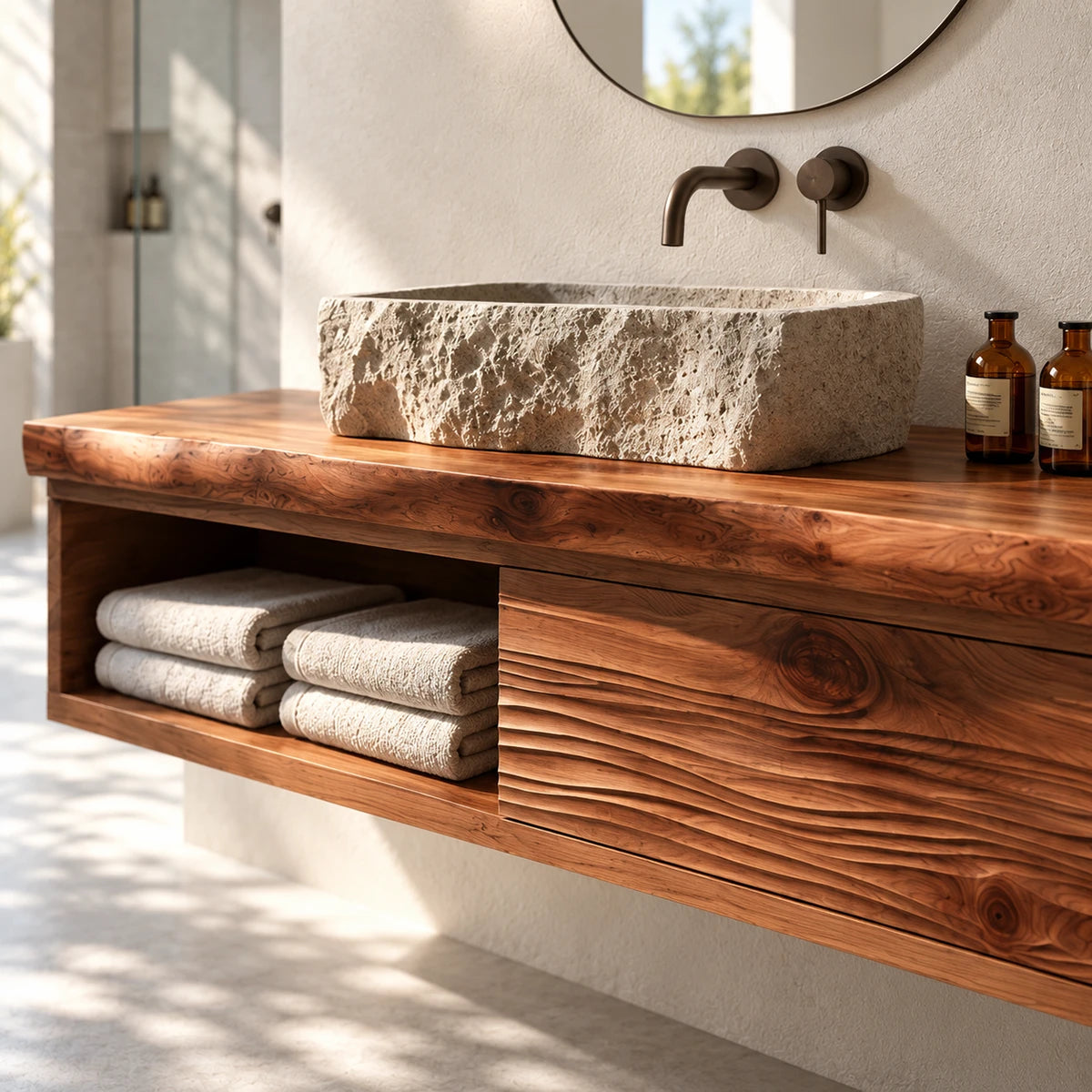 Minimalist bath vanity in natural solid wood with vessel basin and concealed drawer