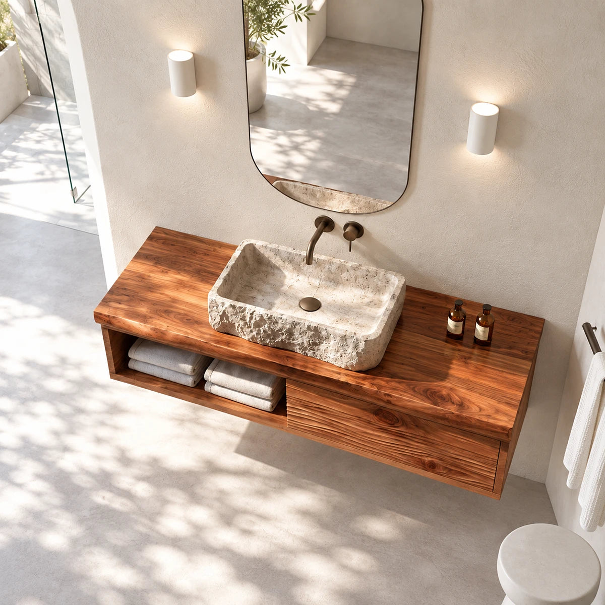 Contemporary bathroom console in natural solid wood with open shelf and stone sink