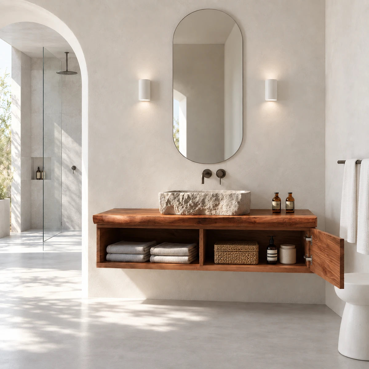 Elegant floating vanity in natural solid wood with drawer storage and towel shelf below