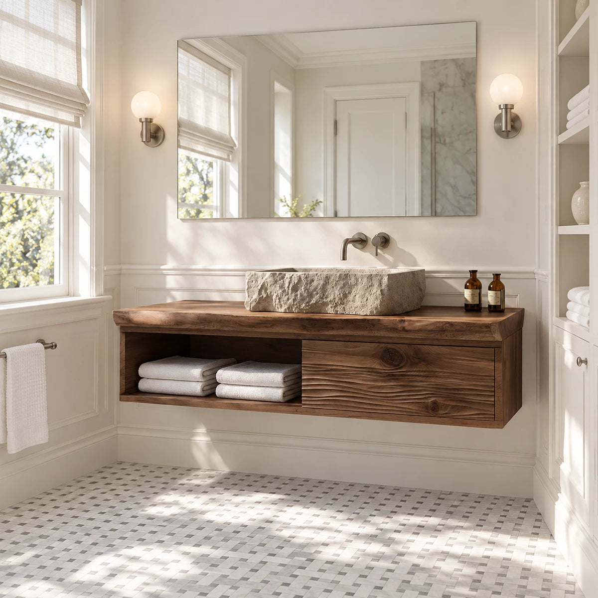 Wall hung bathroom vanity in natural solid wood with vessel sink and open lower shelf