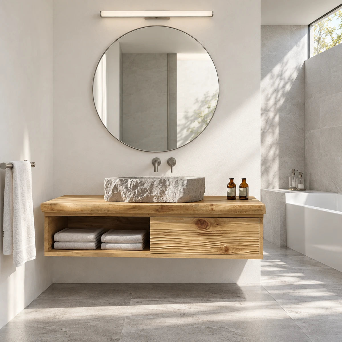 Compact bathroom vanity in natural solid wood with one drawer and display shelf below