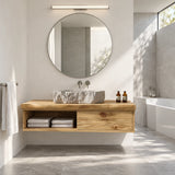 Compact bathroom vanity in natural solid wood with one drawer and display shelf below