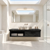 Refined sink cabinet in natural solid wood with floating design and open towel storage