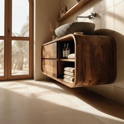 Floating Natural Solid Wood Bathroom Vanity With Curved Frame Design - ArborisWood - 5