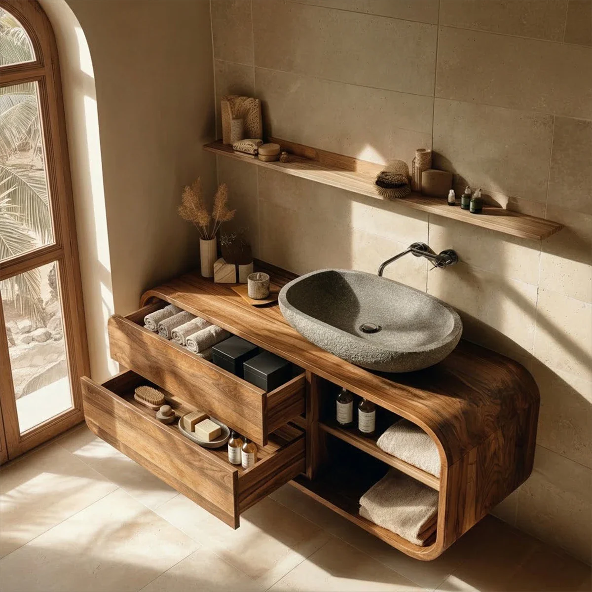 Floating Natural Solid Wood Bathroom Vanity With Curved Frame Design - ArborisWood - 7
