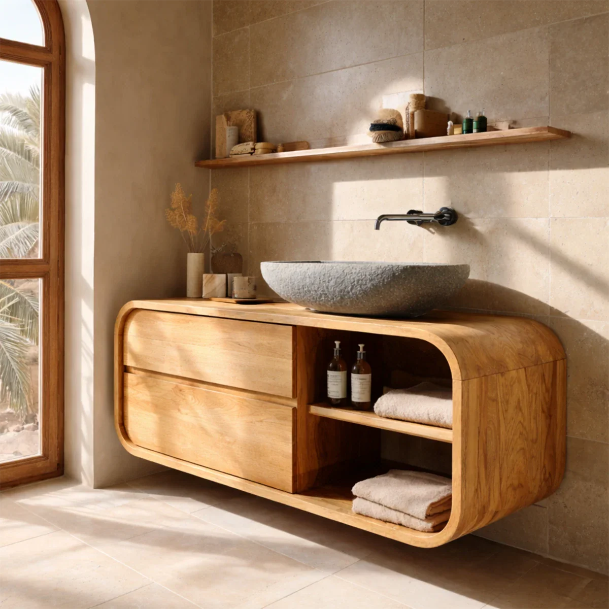 Floating Natural Solid Wood Bathroom Vanity With Curved Frame Design - ArborisWood - 9