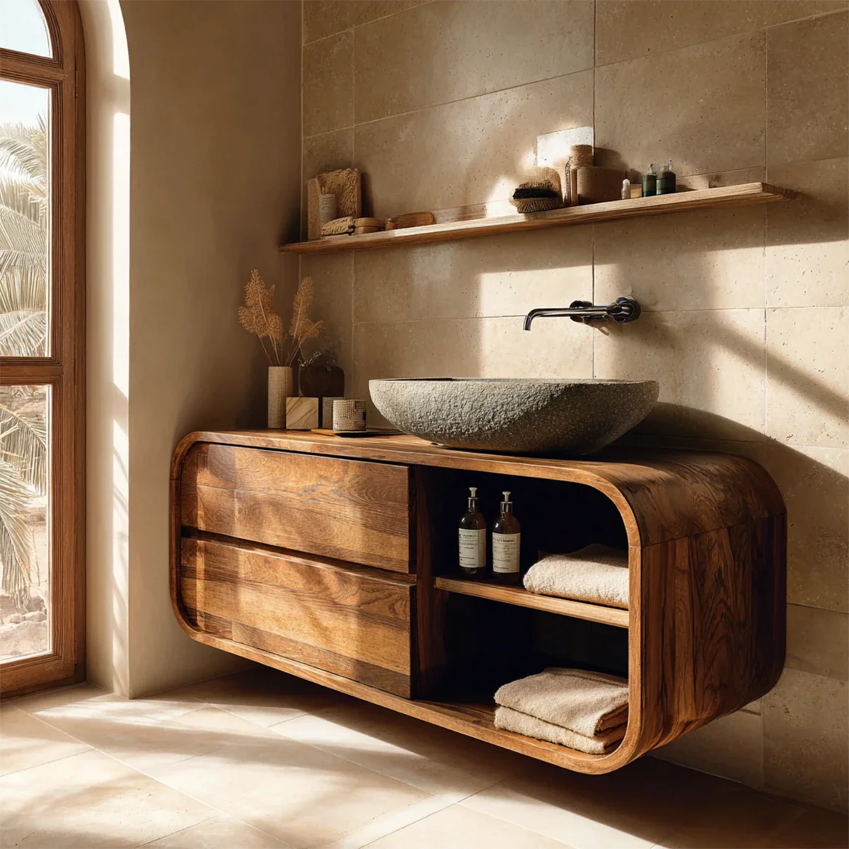 Floating Natural Solid Wood Bathroom Vanity With Curved Frame Design - ArborisWood