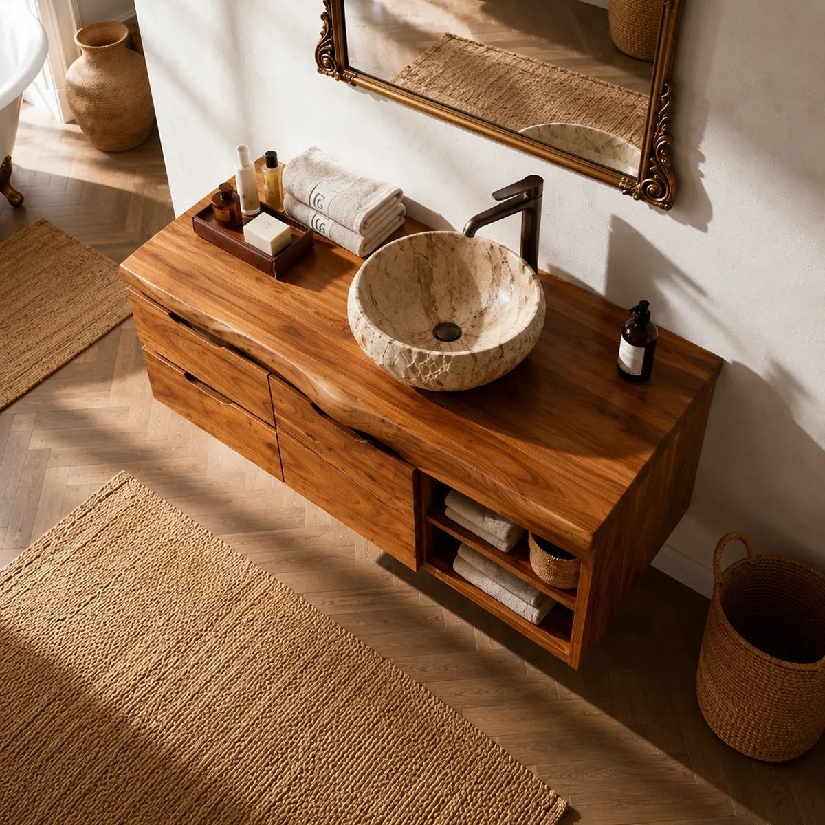 Floating Natural Solid Wood Bathroom Vanity with Drawer Storage – Japandi - Arboriswood - 2