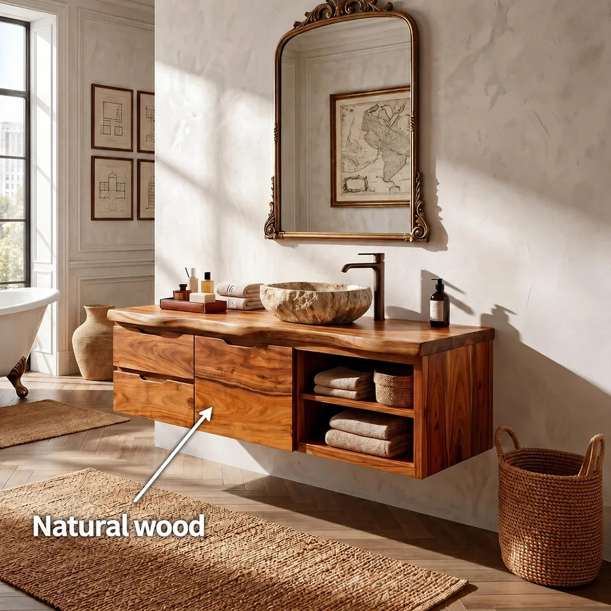 Floating Natural Solid Wood Bathroom Vanity with Drawer Storage – Japandi - Arboriswood - 6