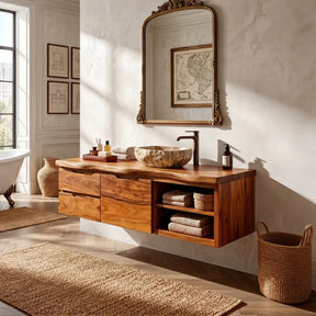 Floating Natural Solid Wood Bathroom Vanity with Drawer Storage – Japandi - Arboriswood - 7