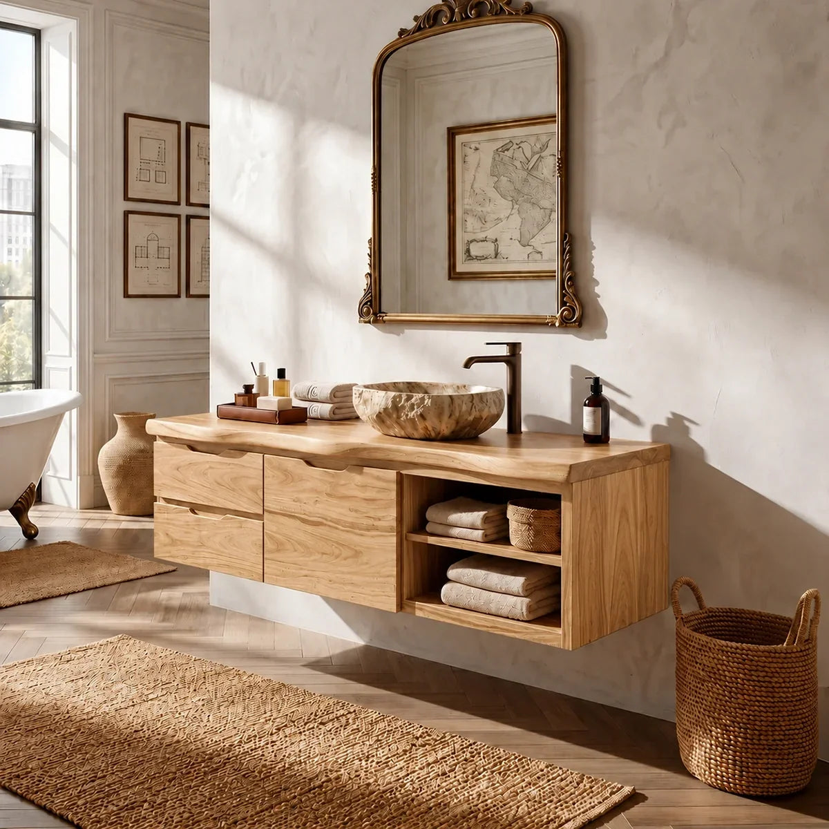 Floating Natural Solid Wood Bathroom Vanity with Drawer Storage – Japandi - Arboriswood - 9