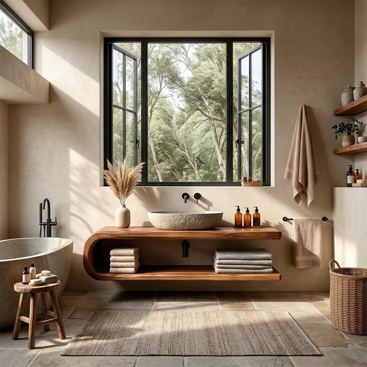Floating Natural Solid Wood Bathroom Vanity With Open Shelf Storage - Arboriswood - 2